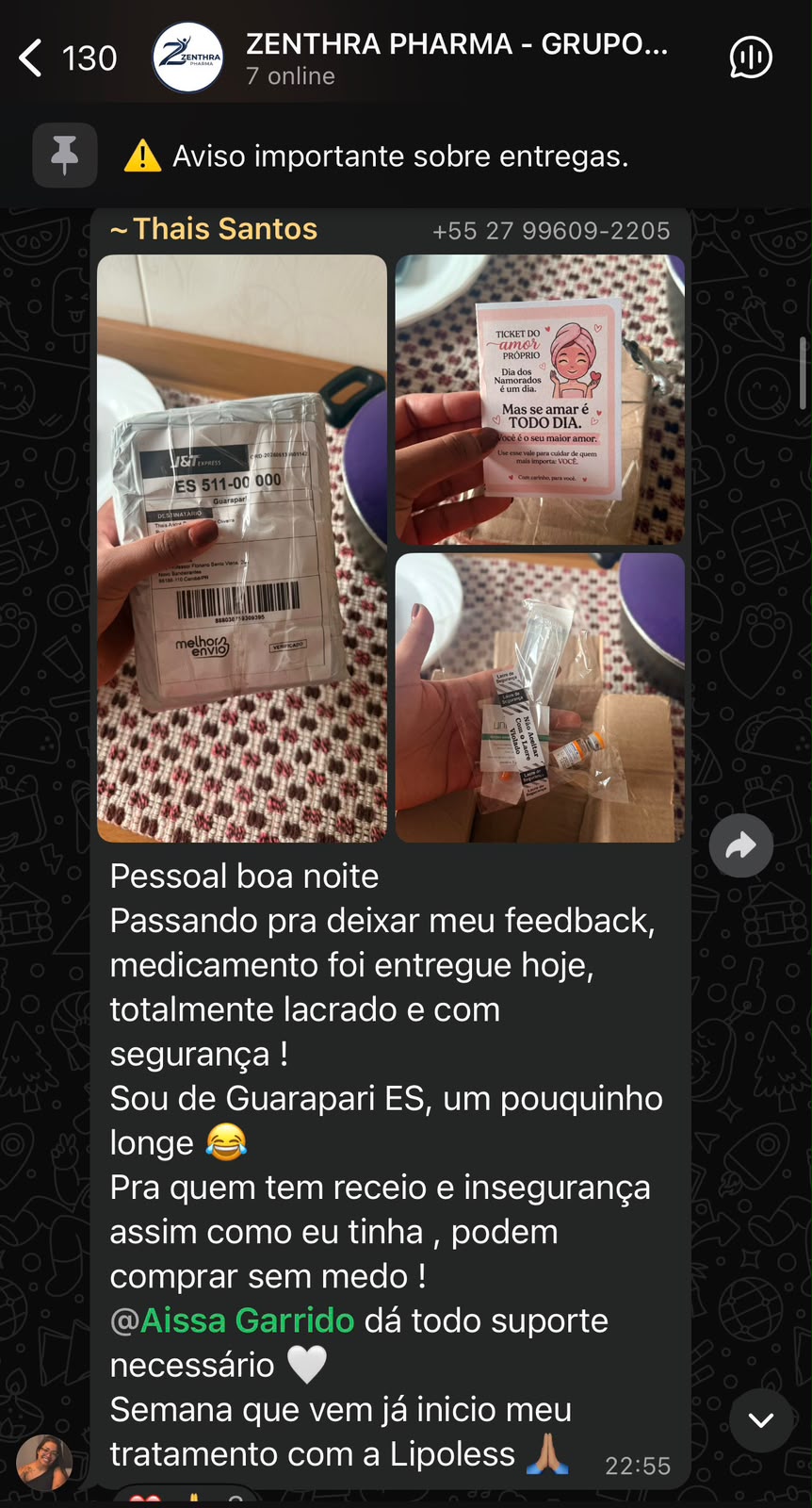 Print real de depoimento de cliente Zenthra no WhatsApp